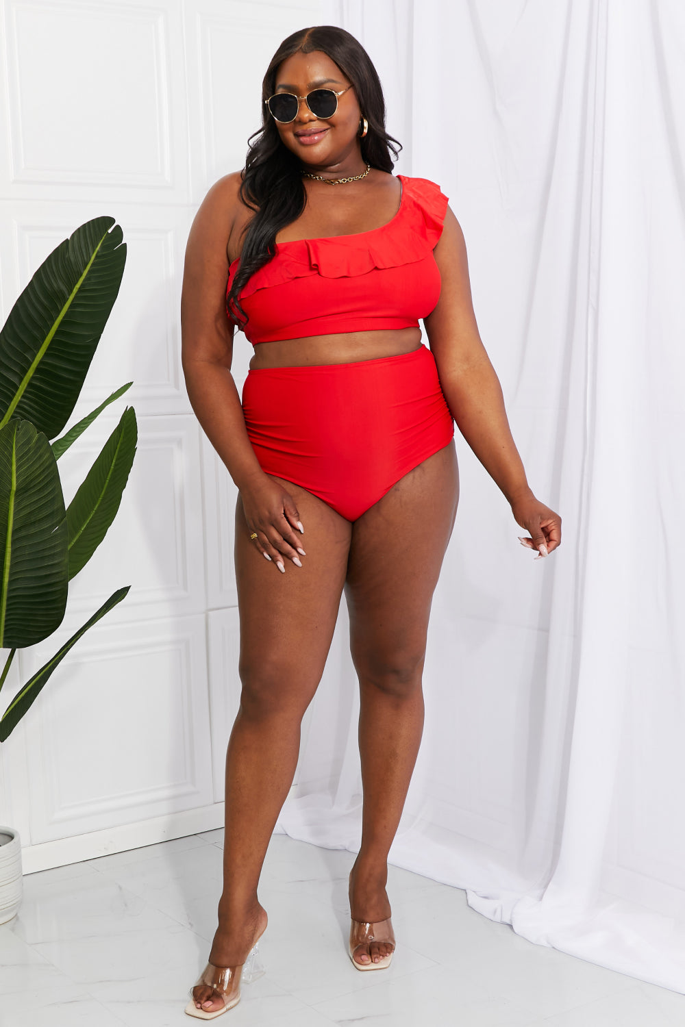 Swim Seaside Romance Ruffle One-Shoulder Bikini in Red