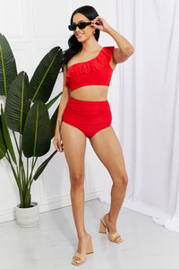 Swim Seaside Romance Ruffle One-Shoulder Bikini in Red  
