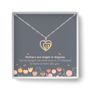 Mother and Child Pave Heart Pendant Necklace  